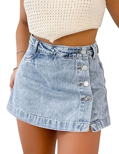 POLIRO Denim Skort for Women Trendy Slit Mini Denim Skirt Casual Stretchy Jean Skirt with Shorts Summer Short Skirt