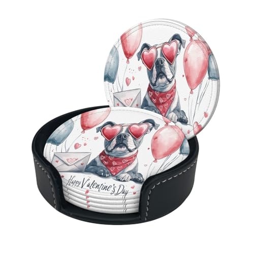 Happy Valentines Day Pitbull Dog Puppy Dog Premium Leather Coasters - Set of 6 with Holder | Stylish Drink Coasters for Kitchen, Coffee, and Home Decor