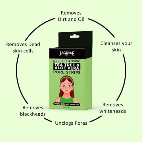 Image of JAQULINE USA Deep Cleansing Tea Tree & Aloe Vera Nose Pore Strip | Removes Blackheads Whiteheads Dirt and Oil | Unclogs Pores | Refreshes and Cleans Skin | Gentle Effective Formula - 10 Strips