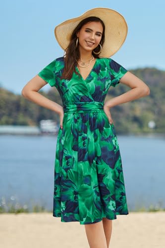 Image of Newshows Women's Pockets Wrap V Neck Floral Summer Vacation Casual Sundress | Wrinkle Free, Stretchy, Summer Beach Floral Sundress 2026, Casual Dress for Vacation, Guaduation, Side Pockets, A-line