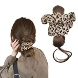 Hikiwin Messy Bun Hair Pieces for Women, Wavy Curly Synthetic Hairpieces with Claw Clip, Ponytail Extension Fake Hairpieces with Leopard Hair Bands, 1 Piece