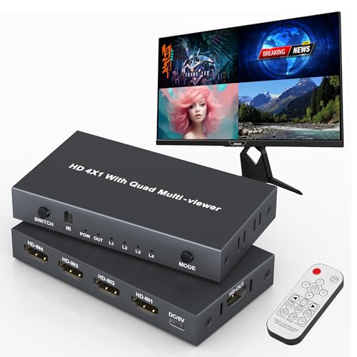 4K HDMI Switcher 4 in 1 Out with Quad Screen Multiviewer HDMI Multiviewer Switch Seamless Quad Multi-Viewer with 5 Display Modes with IR Remote for Security Cameras PS5/PS4/Xbox PC Laptop TV Box