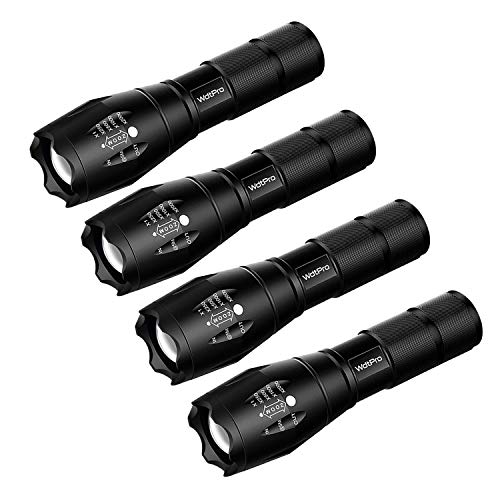 WdtPro Tactical Flashlight 4 Pack - High Lumen LED Flashlights with Adjustable Focus and 5 Light Modes - Best Camping, Hiking, Emergency Flashlights