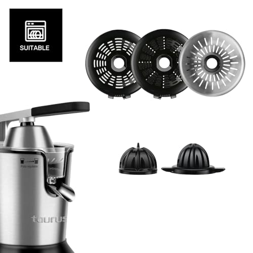 Taurus- Exprimidor Naranjas Easy Press 300 Profesional 300W | Acero INOX |Apto Lavavajillas| Vertido Continuo con Palanca + Deposito 650mL | 2 conos | Filtro inox + regulador pulpa electrico | sin BPA