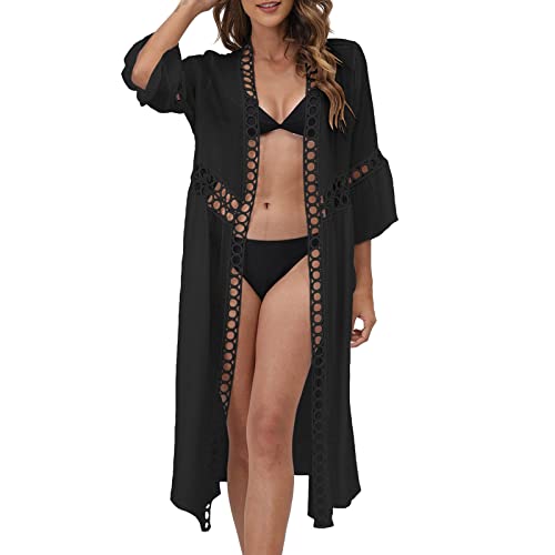 QWUVEDS Femme Vêtements d'été Femme Seaside Resort Chemisier de plage Lâche Manches 3/4 Dentelle Épissure Protection solaire Cardigan Femme Robes de soirée Grandes tailles, Noir , M