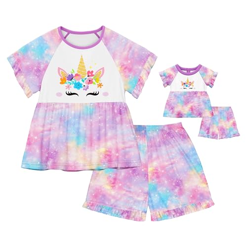 Image of LQSZ Matching Girls & Doll Pajamas Set for Toddler Girls Short Sleeves Cute Outfit Sleepwear