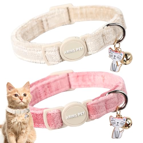 ARING PET 2 Pack Cat Collar-Cute Cotton Cat Collar with Bell & Pendant, Adjustable Pink Khaki Kitten Collars with Safety Buckle for Girl and Boy Pets