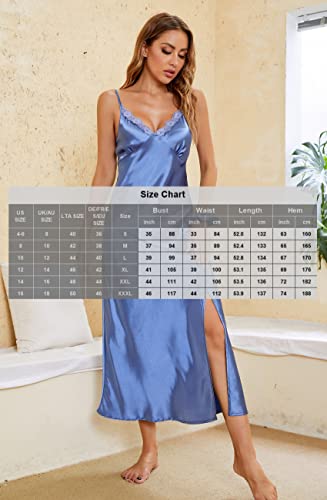 Image of ALCEA ROSEA Women Silk Satin Nightgown Sexy Lace Chemise Lingerie Long Sleepdress for Ladies Sleepwear Slip Negligee