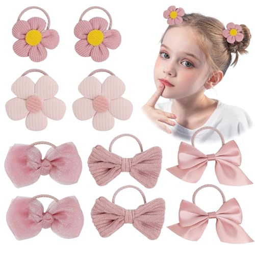 Coletero Rosa Con Lazo, 10 Unidades de Pequeñas Gomas para el Pelo, Lindos Lazos y Flores para Niñas, Accesorios de Peinado para Mujer