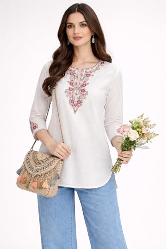 Image of HAUTEMODA Women Cotton Floral Embroidered Short Kurti, Tunic, Three-Fourth Sleeves, White