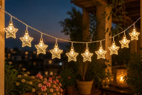 Image of Quace 10 LED Star Confetti String Lights, Plug-in Warm White Decorative Fairy Lights for Bedroom, Balcony, Patio, Christmas, Diwali, Wedding & Home Decoration