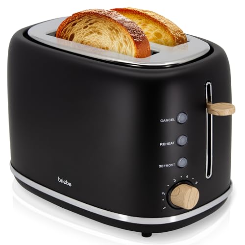 briebe Nordic Tostadora Pan Ranura Ancha, Tostador 2 Rebanadas, 6 Niveles Tostado, Calientapanecillos, Función Cancelar, Recalentar y Descongelar, Bandeja Recogemigas, Diseño Nórdico, 870W, Negro