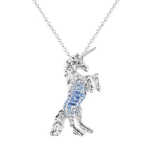 luomart Girls Unicorn Pendant Necklace Jewelry Gift White Gold Plated Austrian Crystal Birthstone for Kids Teens Women (Blue)