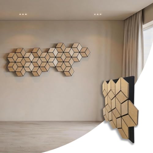 Paneles acústicos de pared Real Rubber Wood Veneer, 23.6" x 23.6" a prueba de agua con diseño de listones en forma de Y para hogar, estudio y oficina (1 paquete) miniatura 1