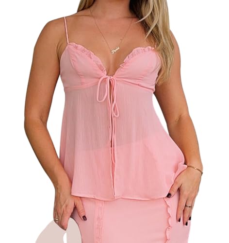 Image of Women Floral Camisoles Tops Sexy V Neck Backless Ruffle Hem Going Out Tops Cute Summer Y2k Teen Girls Camis