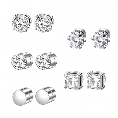 GOZINA 5 Pairs Magnetic Earrings for Men Women Non-Pierced Magnetic Stud Earrings Clip on Earrings Women Men Girls Boys Mens Silver Stainless Steel Earring Decorated with Zircons