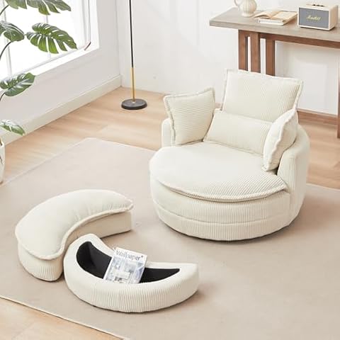 Swivel Chaise Longue Indoor，Cozy Corduroy Tufted Sofa Chaise with Moon Storage Ottoman，Modern Accent Round Living Room Chairs Set with 4 Pillows for Adults (Beige) Cover