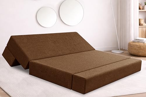 Image of Rosebell Three Seater Foldable Sofa Cum Bed (5x6 Feet) ? Jute Fabric, Washable Removable Cover, Includes Cushion | Space Saving Convertible Sofa Bed for Home, Office & Guests - Brown