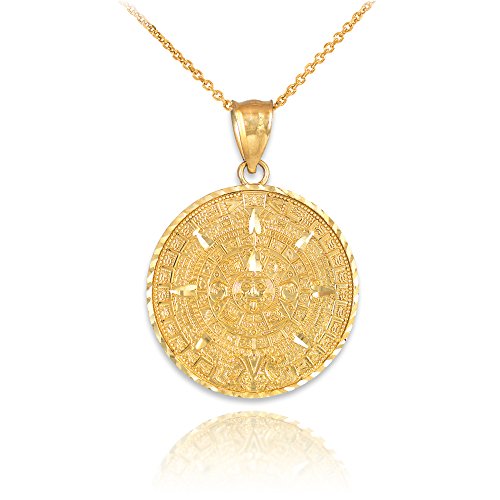 10K Yellow Gold Round Aztec Mayan Calendar Charm Pendant Necklace with Rolo Chain - 20