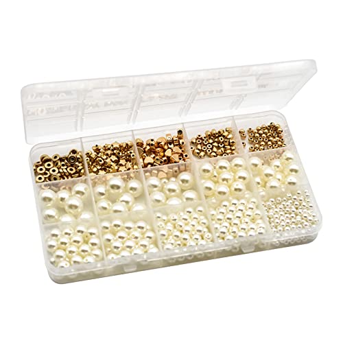 Skyzone Beads for Jewelry Making,Bead Making Kit,720 PCS White Pearl Beads and Gold Ball Heart Star Flat Spacer Beads Making Kit for DIY Necklace Bracelet Earring DIY Crafts(10 Different Design)