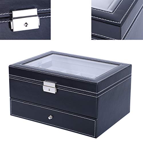 BASTUO Uhrenbox 10 Herrenuhr Vitrinenhalter mit PU Leder Schmuck Vitrine mit Schlüssel und Schloss, braun mit Glasplatte