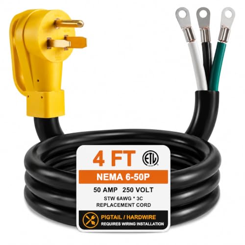 NEMA 6-50P Pigtail Power Cord STW 6AWG/3C Replacement Hardwire Cable 4FT