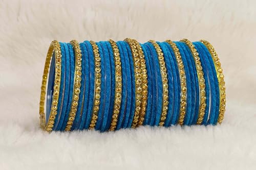 Image of NMII Premium Glass & Golden Beads Velvet Bangle Set For Women and Girls | Velvet Chudi | Traditional Chudi Set | Designer Girl's Bangles Bracelet | Wedding, Party, Festive, Daily- Set of 34
