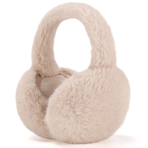 Ibeauti Winter Ear Muffs Faux Fur, Women Girls Ear Wamers Foldable Fluffy Earmuffs for Outdoor Ski Cold Days (A-Khaki)