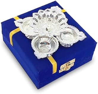 Diya German Silver Oil Lamp with Blue Velvet Box Silver Plated Panchmukhi Dia Pooja Items Home Decoration Puja Gifts Handmade Diwali Gift Traditional Indian Dhanteras Deepawali Upahaar