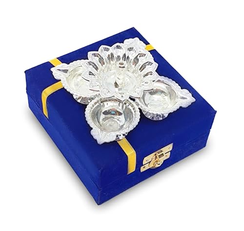 Diya German Silver Oil Lamp with Blue Velvet Box Silver Plated Panchmukhi Dia Pooja Items Home Decoration Puja Gifts Handmade Diwali Gift Traditional Indian Dhanteras Deepawali Upahaar
