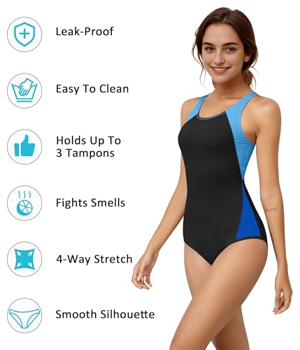 Image of Beautikini Period Swimwear One Piece Leakproof Menstrual Swimsuit Racerback Color Block Bathing Suit for Teen Girls Women