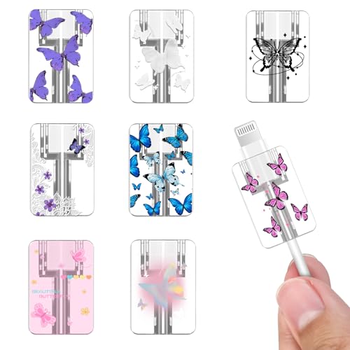 Cute Cable Protector Set for iPhone Type-c,Pretty Pink Blue Purple Butterfly Design 8pcs Soft Phone Charger Protector,Charging Cord Protector,Cable Chomper,Cord Saver Cable Sleeve for Women Girls