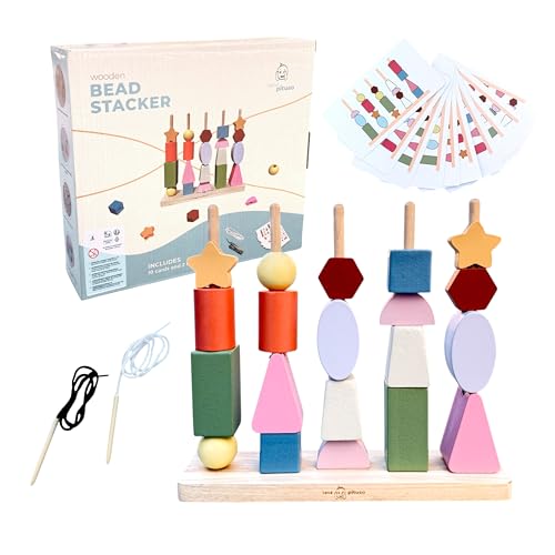 Fädelspiel ab 3 jahre | Kinderspiele ab 3 jahre| Montessori spielzeug 5X1 | Buchenholz, XXL-Teile, Fädelspiel & Musterkarten, flexible Rundstäbe | holzperlen zum auffädeln | MINT Lernspiel