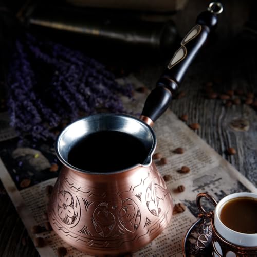 Image of DEMMEX 15 oz Large Copper Turkish Coffee Pot Cezve Ibrik Greek Coffee Briki Stovetop Coffee Maker with Wooden Handle & Spoon, 1mm Thick Copper, Handmade & Engraved in TURKEY, 6 Servings