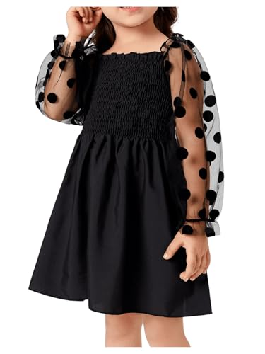 WDIRARA Toddler Girl's Polka Dots Mesh Flounce Long Sleeve Flared Shirred Dress