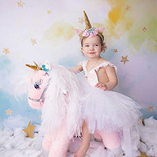 Allenjoy 7X5Ft Photography Backdrops Watercolor Colorful White Cloud Sky Golden Glitter Stars Birthday Party Banner Photo Studio Booth Background Newborn Baby Shower Photocall #TOP2