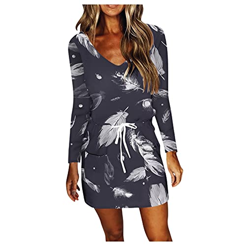 FRETRG Women s Autumn Long Sleeves V-Neck Feather Prints Waist Drawstring Mini Dress (Gray, S)