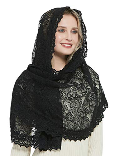 Leimandy Black Long Mantilla Veil Catholic Chapel Church Veil Soft Lace Scarf Head Covering for Latin Mass Religious Ceremony Funearl Daily Wear V31 (Black)