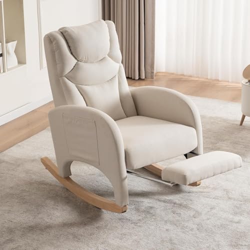 Image of Rocking Chair Nursery,Modern Glider Chair with Adjustable Footrest and Solid Wood Legs,High Backrest Nursery Chair with Side Pocket,Rocker Armchair for Living Room Bedroom Cotton Linen, Beige