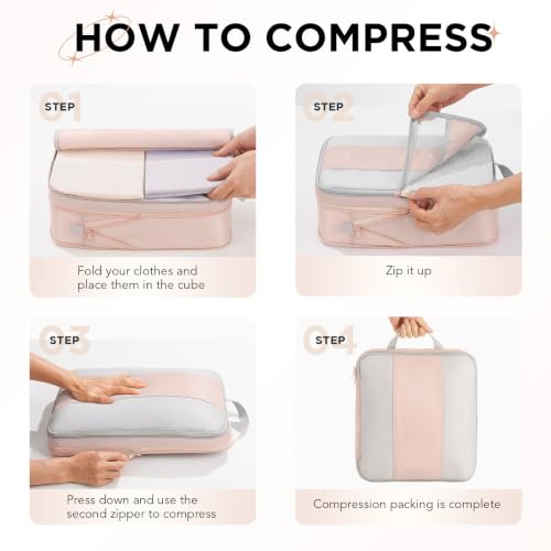 Image of OlarHike 6 Set Compression Packing Cubes for Travel Essentials,Compressible Expandable Space Saver Bags for Organizing Clothes,Luggage Suitcase Garment Bags with Over 1000 pcs Mesh Holes(Beige)