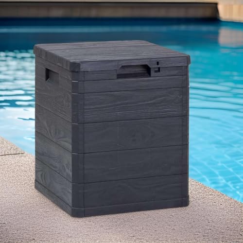MA MAISON Aufbewahrungsbox für den Garten, 90 Liter, Holzoptik, Aufbewahrungsbox aus Kunstharz, Anthrazit, Maße 42,5 x 44 x 50 cm, für den Außenbereich und Innenbereich, UV-beständig
