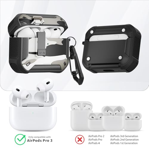 Image of for AirPods Pro 3 Case with Magnetic Lock and Phone Stand, Compatible with Magsafe Charging,with Carabiner&Cleaner kit for Apple iPod Pro 3rd Generation Cover(2025) Men Women (Camouflage Gray)
