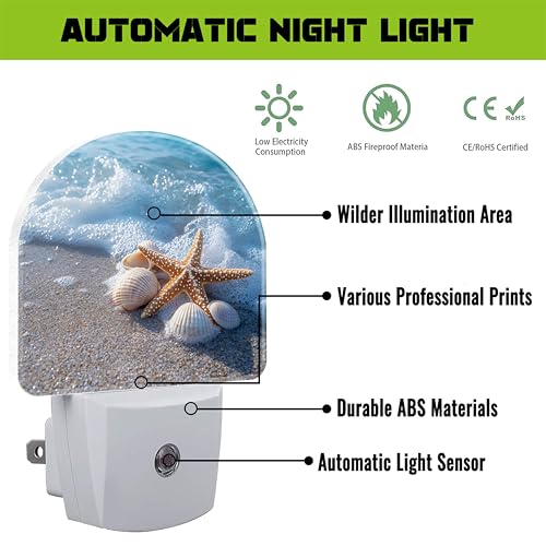 Image of Starfish and Seashells on Beach Night Light for Kids,Summer Beach Ocean Waves Plug in Night Light with Dusk to Dawn Sensor, 0.5w Energy Saving Nightlight for Hallway Stairway Kitchen Bedroom