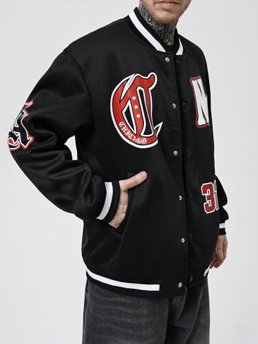 Image of SOLY HUX Men's Varsity Jacket Letter Graphic Long Sleeve Baseball Bomber Jacket with Pockets Black Letter Small