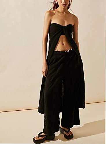 Womens Summer Two Piece Outfits Twist Knot Crop Tops Wide Leg Pants Y2K Loungwear Sets with Pockets2