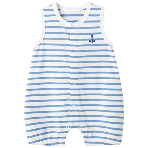 pureborn Baby Boy Romper Cotton One-Piece Summer Outfit 0-24 Months, Blue Stripes, 9-12 Months