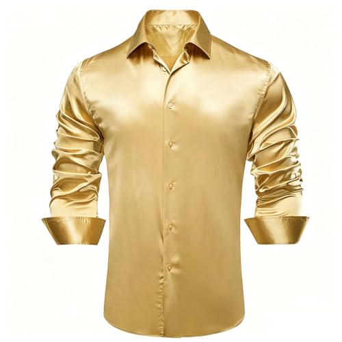 Image of Hi-Tie Men's Silk Satin Dress Shirts Long Sleeve Shiny Casual Button Up Shirts Luxury Party Disco Prom Wedding Shirt