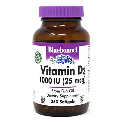 Bluebonnet Nutrition Vitamin D3 1000 IU Softgels, Aids in Muscle and Skeletal Growth, Cholecalciferol from Fish Oil, Non GMO, Gluten Free, Soy Free, Dairy Free, 250 Softgels