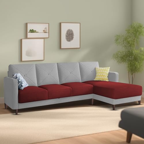 Image of Baloney RHS 6 Seater L Shape Sofa Set for Living Room (Maroon Grey Fabric) Premium Fabric Sofa