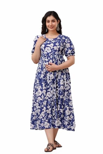 Image of Women's Rayon Anarkali Maternity Ankle Length Dress, Pregnancy Dress,Feeding Kurti,Easy Brest Feeding Dress, with Both Side 9 inch Zipper and Belt